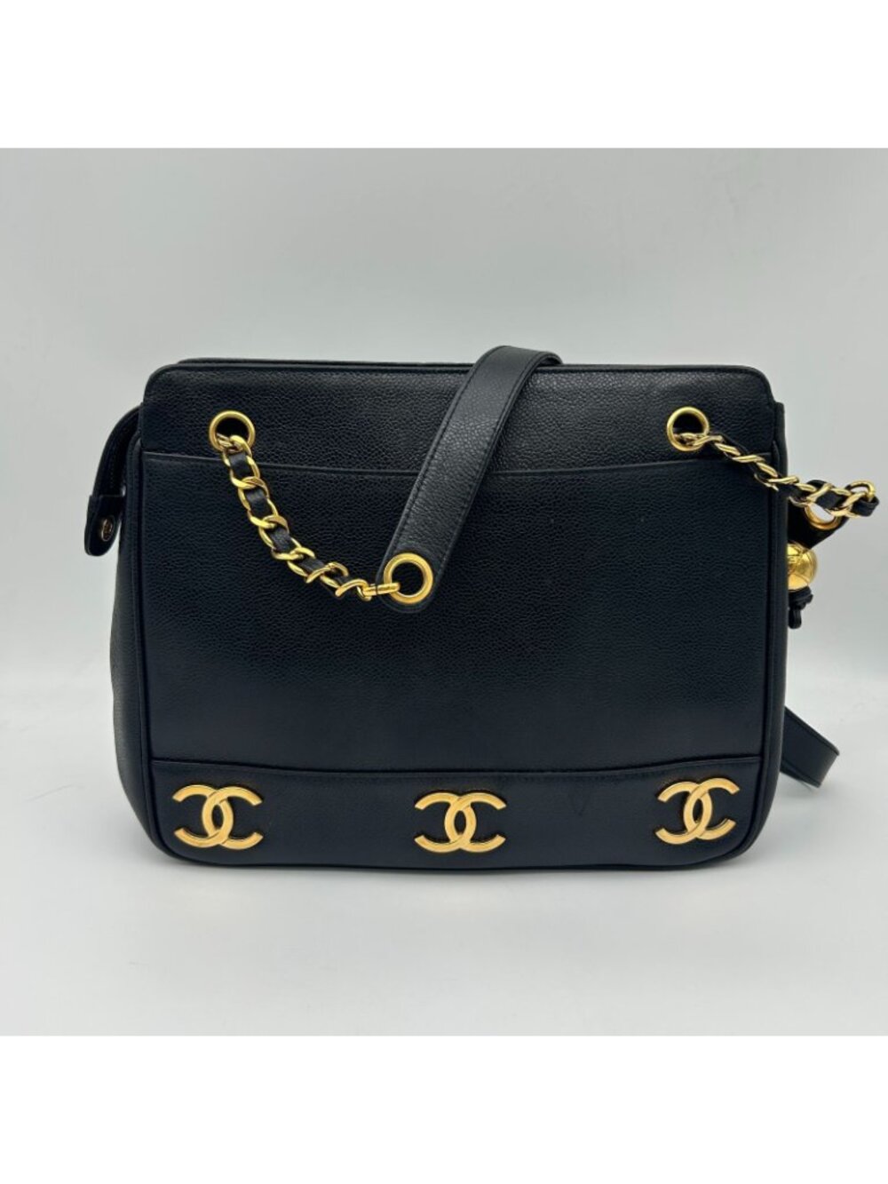 Chanel Triple Coco Chain Tote Shoulder Bag Caviar Leather Black - Picture 2 of 15
